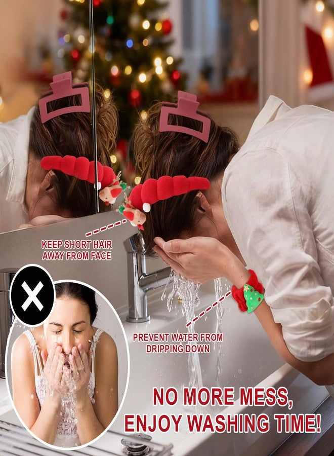 Wecoe Christmas Spa Headband & Wristband Set for Washing Face Red Facial Skincare Makeup Headband Puffy Sponge Bubble Head Band Bow Tie Hair Band Hair Clips Women Girls Accessories Gifts - Image 2